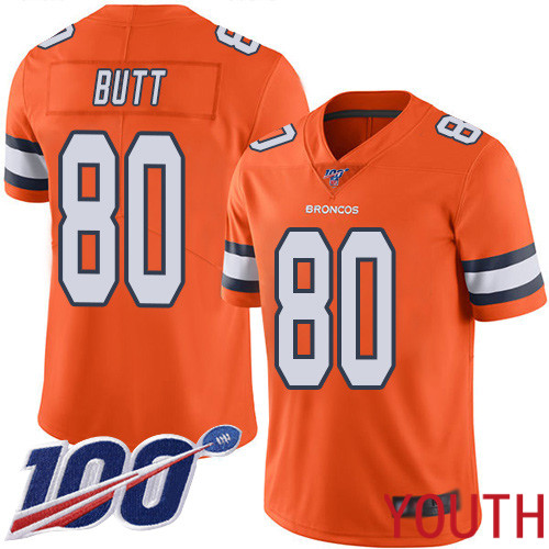 Youth Denver Broncos #80 Jake Butt Limited Orange Rush Vapor Untouchable 100th Season Football NFL Jersey->youth nfl jersey->Youth Jersey